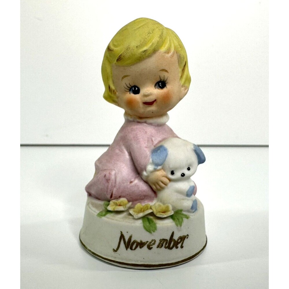 Napcoware November Baby Figurine C8978 Little Blonde Girl Pink Pajamas Puppy Vtg